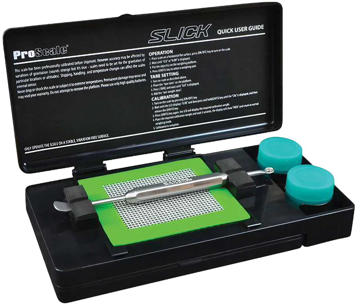Pro Scale Slick Concentrate Kit & Scale, open case view with steel dabber and silicone jars