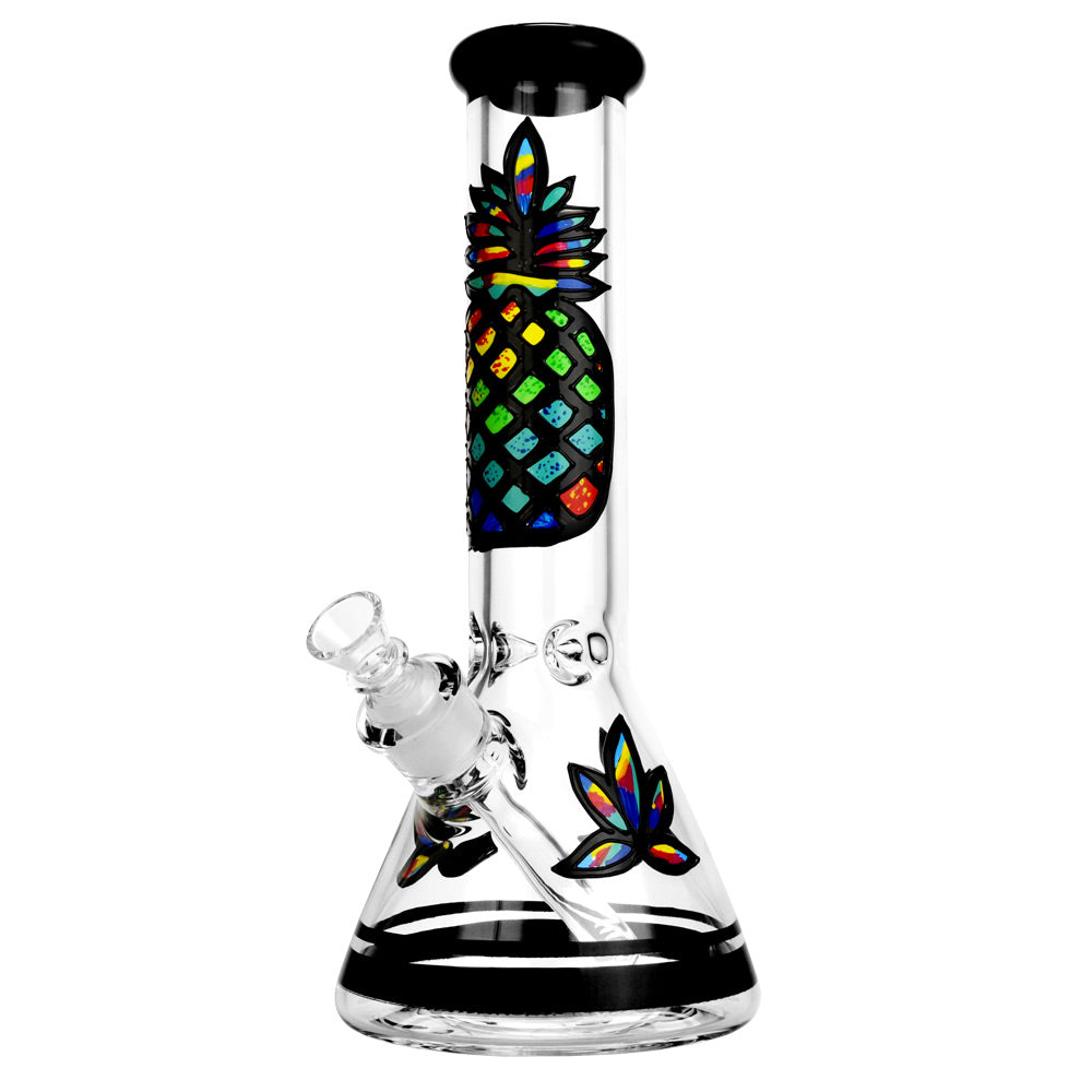 Psychedelic Pineapple Beaker Water Pipe, 12.5" tall borosilicate glass, front view on white background
