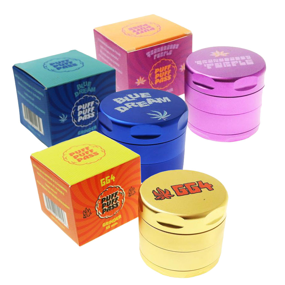 Assorted Puff Puff Pass 4pc Strain Grinders with colorful packaging on white background