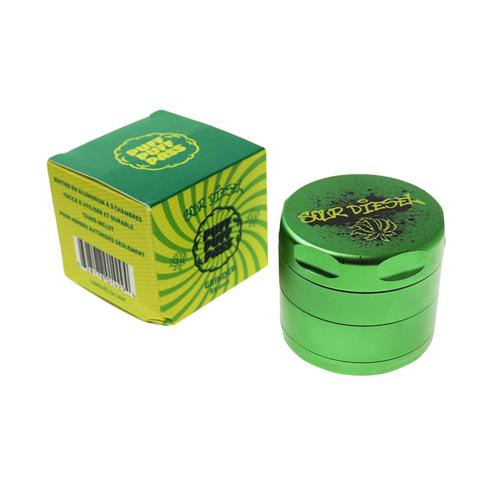 Puff Puff Pass Strain Grinder in green with Sour Diesel design, 4-piece metal, side view with box