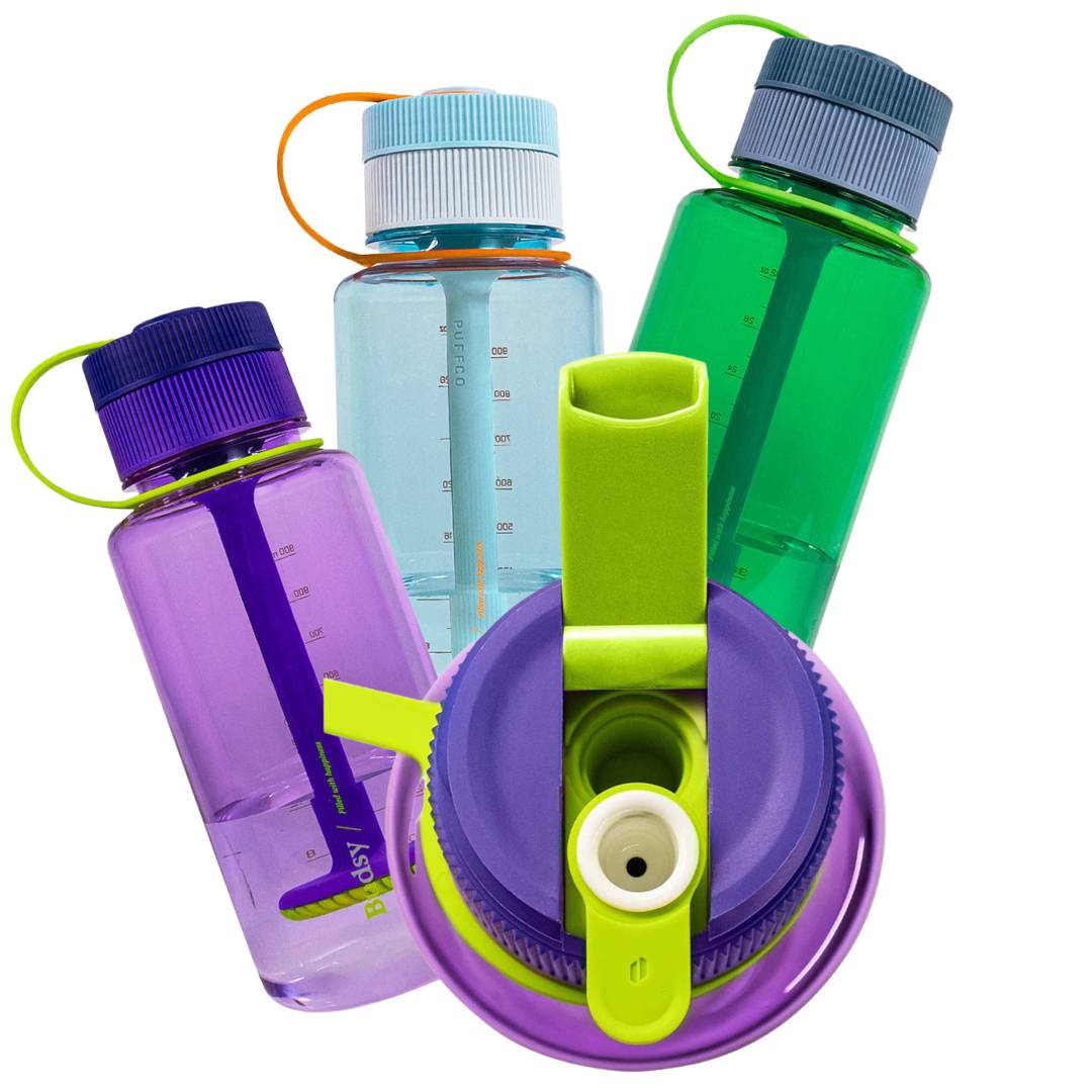 Puffco Budsy trio of color options, plus open top of one Budsy showing hidden bowl.