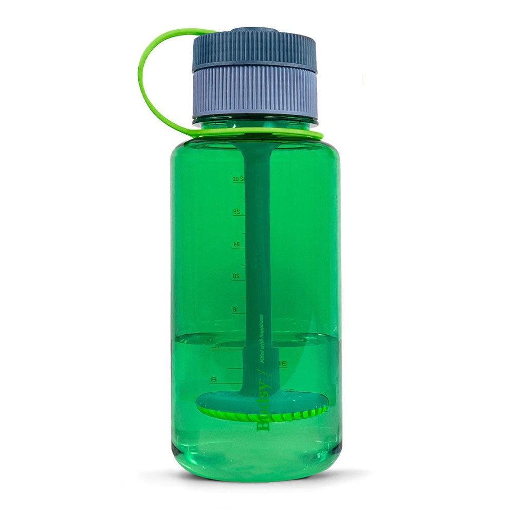 Puffco Budsy Water Bottle Bong in Emerald, 9.5" Tall, Portable 14mm F Joint - Front View