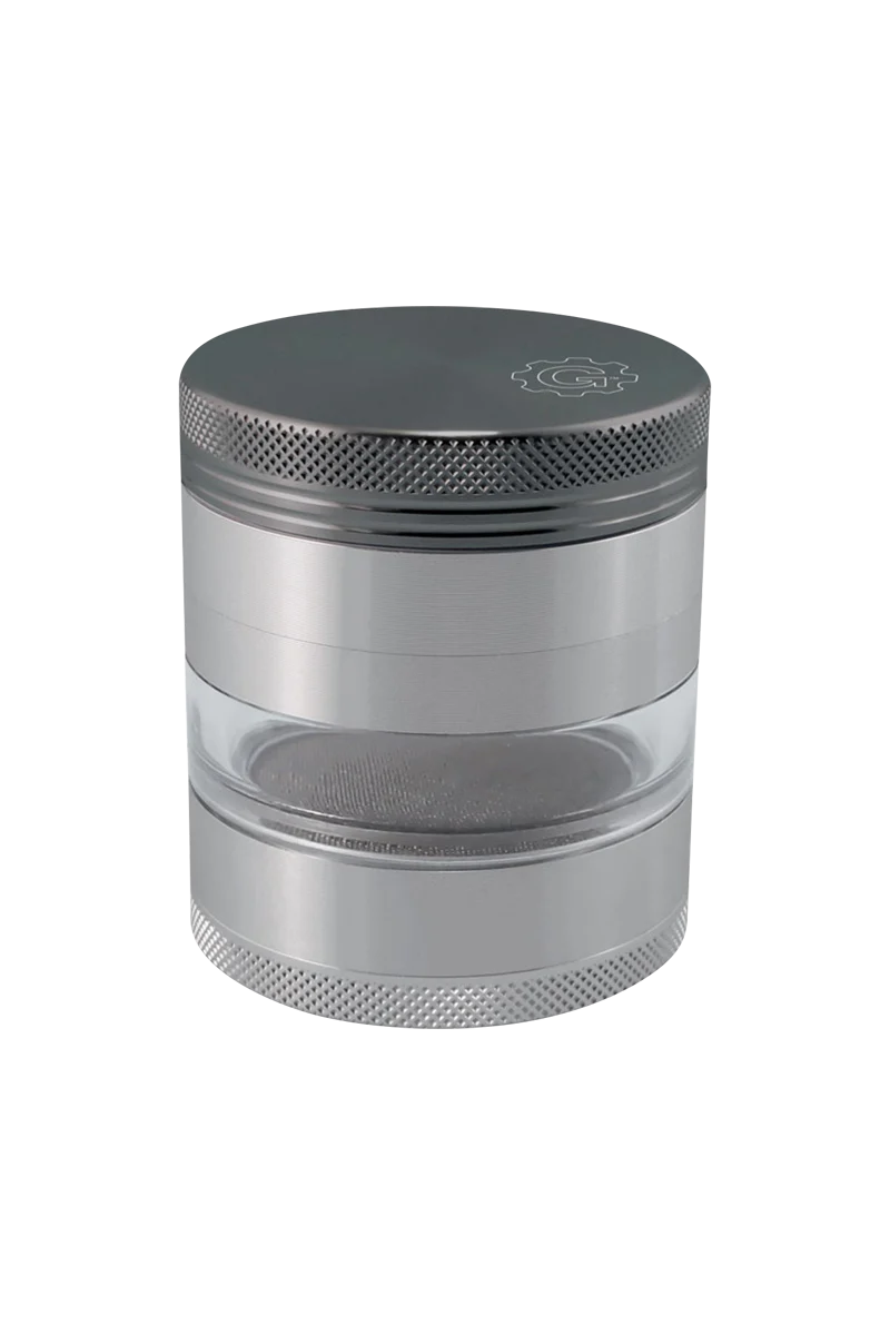 Pulsar 2.5" Aluminum Grinder, 4pc with Stash Window, durable and portable, front view on white background