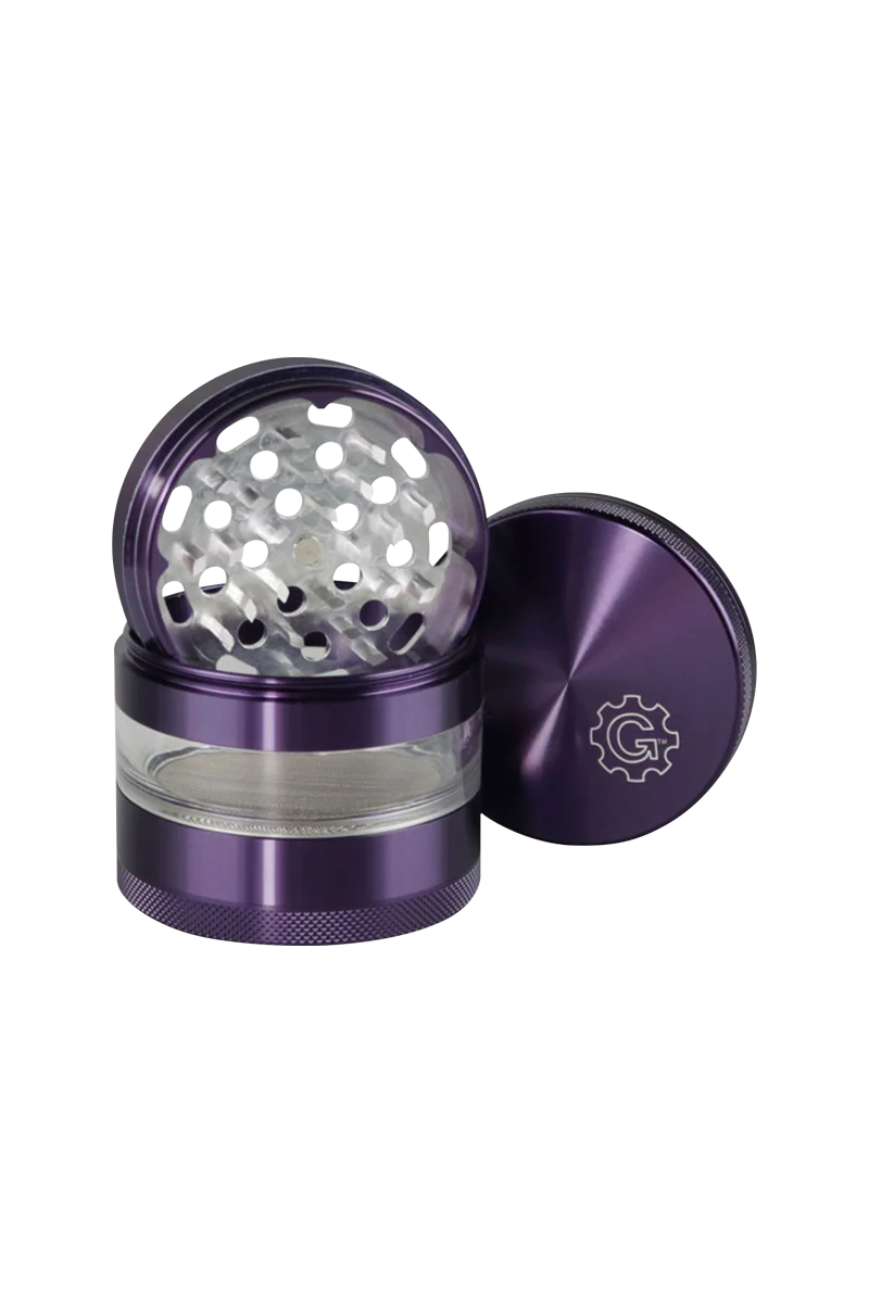 Pulsar 2.5" Aluminum 4-piece Grinder in purple with transparent stash window, top view