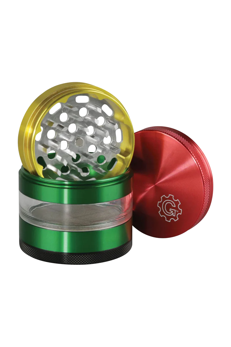 Pulsar 2.5" Aluminum 4pc Grinder with Stash Window in green and red