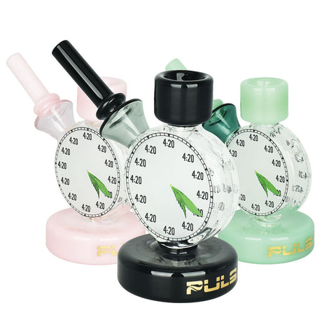 Assorted Pulsar 4:20 Time Piece Bubblers with unique clock design, made from borosilicate glass