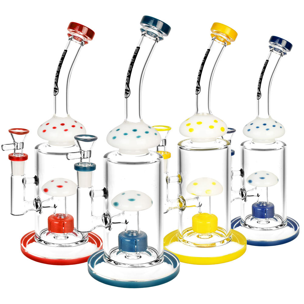 Pulsar Amanita Shroom Water Pipes in various colors, front view, 14mm female joint, on white background