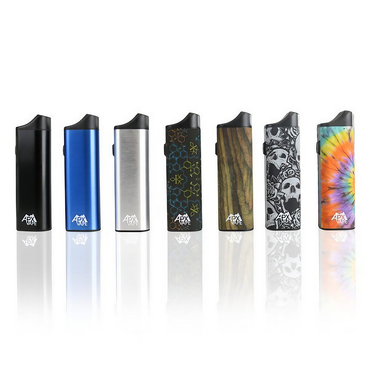 Pulsar APX Vaporizer 2.0 in various designs, including black, blue, silver, and patterned finishes