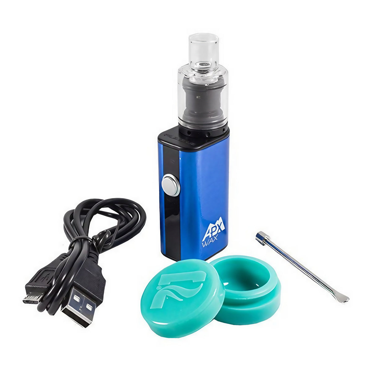Pulsar APX Wax Vaporizer in blue with quartz chamber, USB cable, dab tool, and silicone container