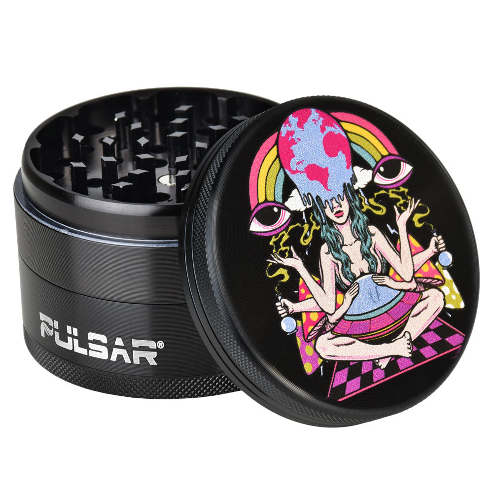 Pulsar Artist Series Grinder - Meditation Design, 4-Piece Metal Grinder, Front View