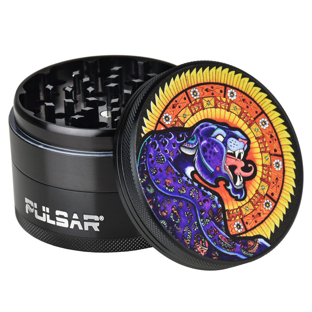 Pulsar Artist Series 4-Part Grinder with Psychedelic Jaguar design, compact 2.5" diameter, side view