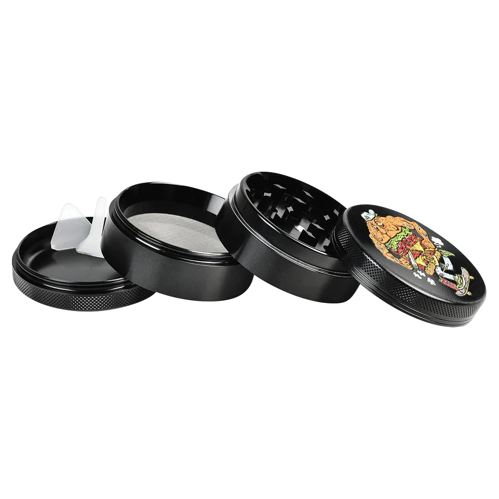 Pulsar Artist Series 4-Part Metal Grinder, 2.5" Diameter, Skateburger Design, Top View