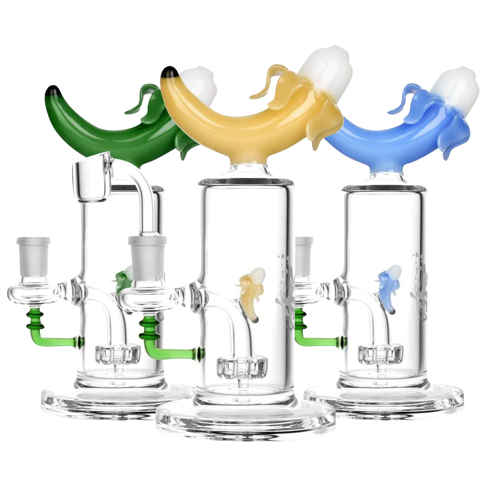 Pulsar Banana Rig in green, yellow, and blue with showerhead percolator for concentrates, side view