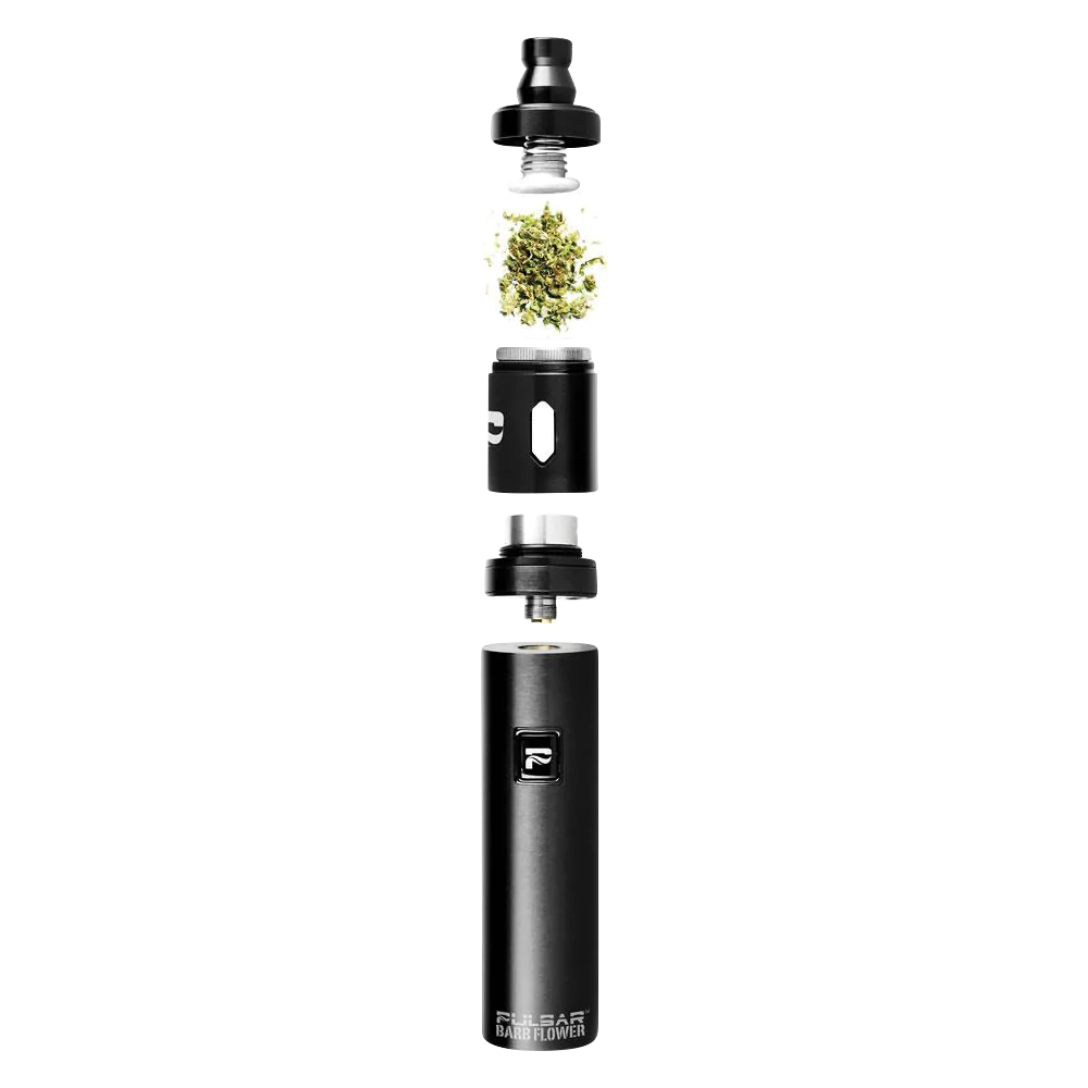 Pulsar Barb Flower Herb Vaporizer Kit with steel body and battery power, exploded view