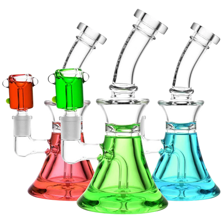 Pulsar Bell Glycerin Water Pipes in red, green, and blue with 90-degree joints, side view