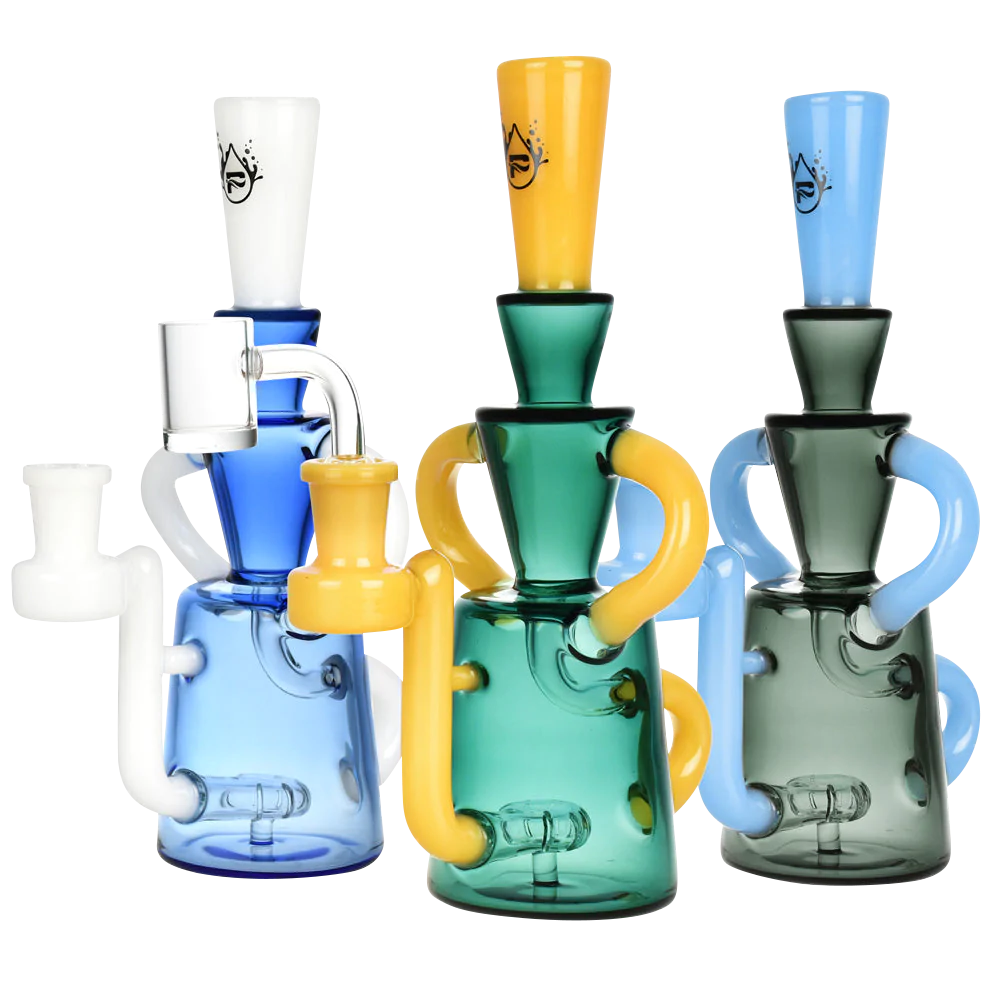 Pulsar Bi-Color Recycler Rigs in blue, green, and grey with disc percolators, front view