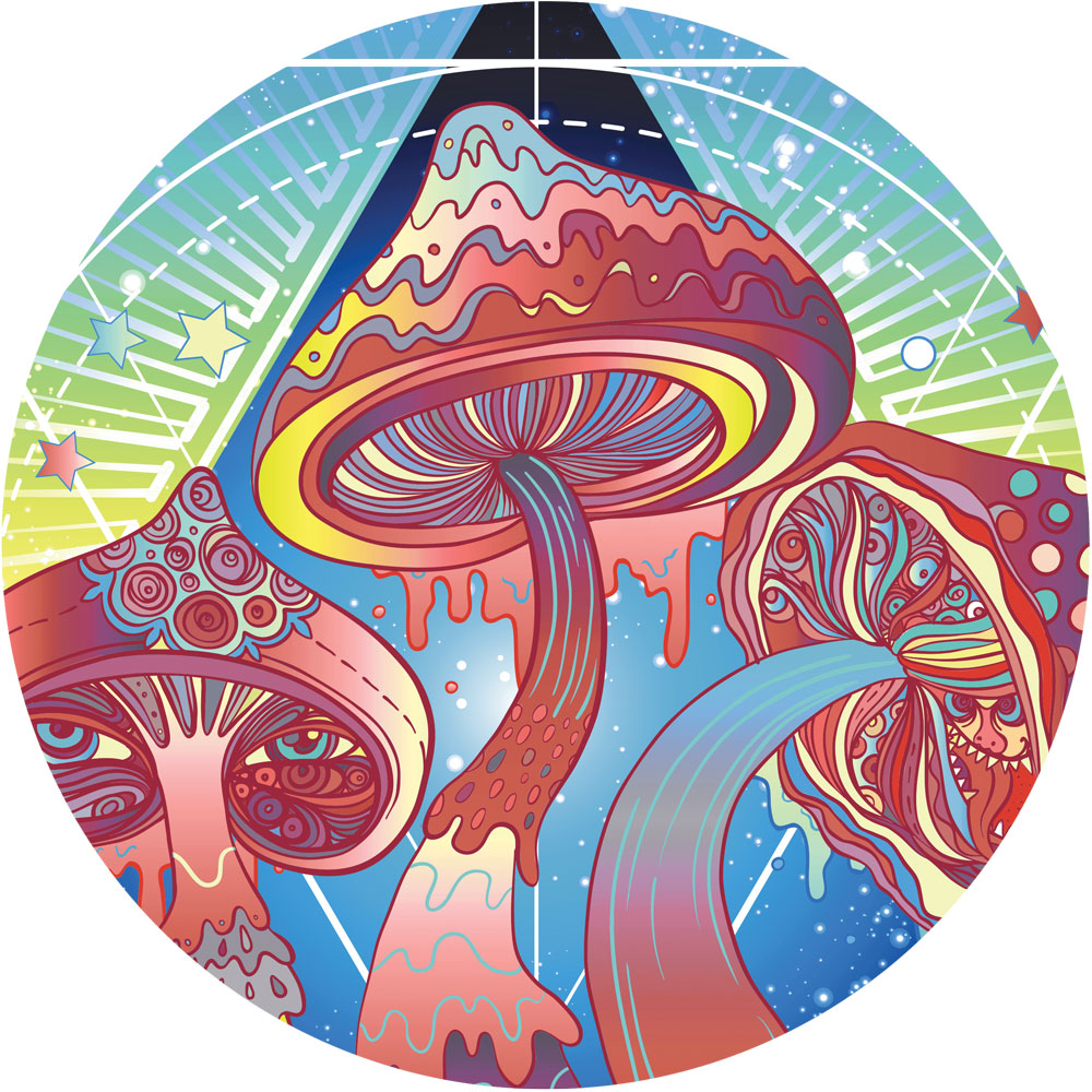 Pulsar Bottoms Up Melting Shrooms Water Pipe with colorful psychedelic mushroom design, 10-inch height, 14mm female joint