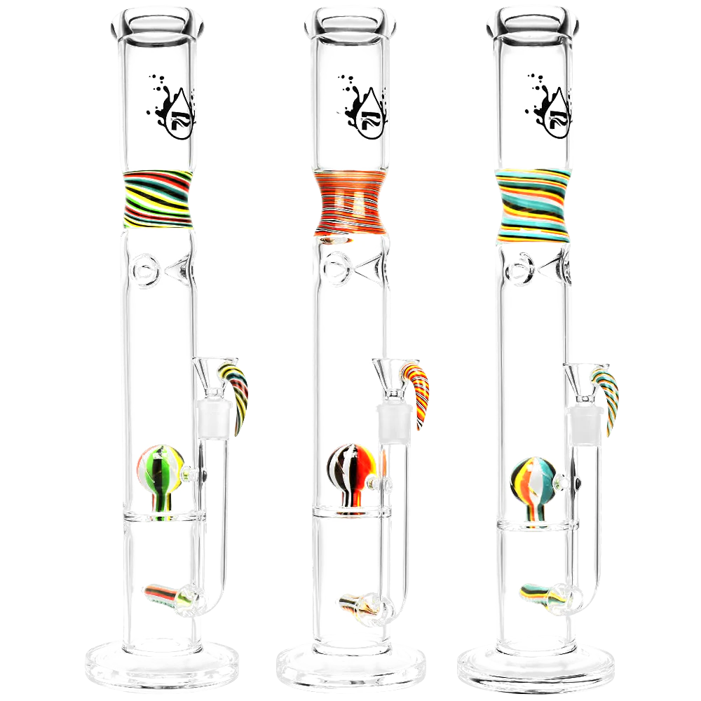 Pulsar Candy Swirl Tube Water Pipe with colorful accents, 16" tall, 90 degree joint, thick glass