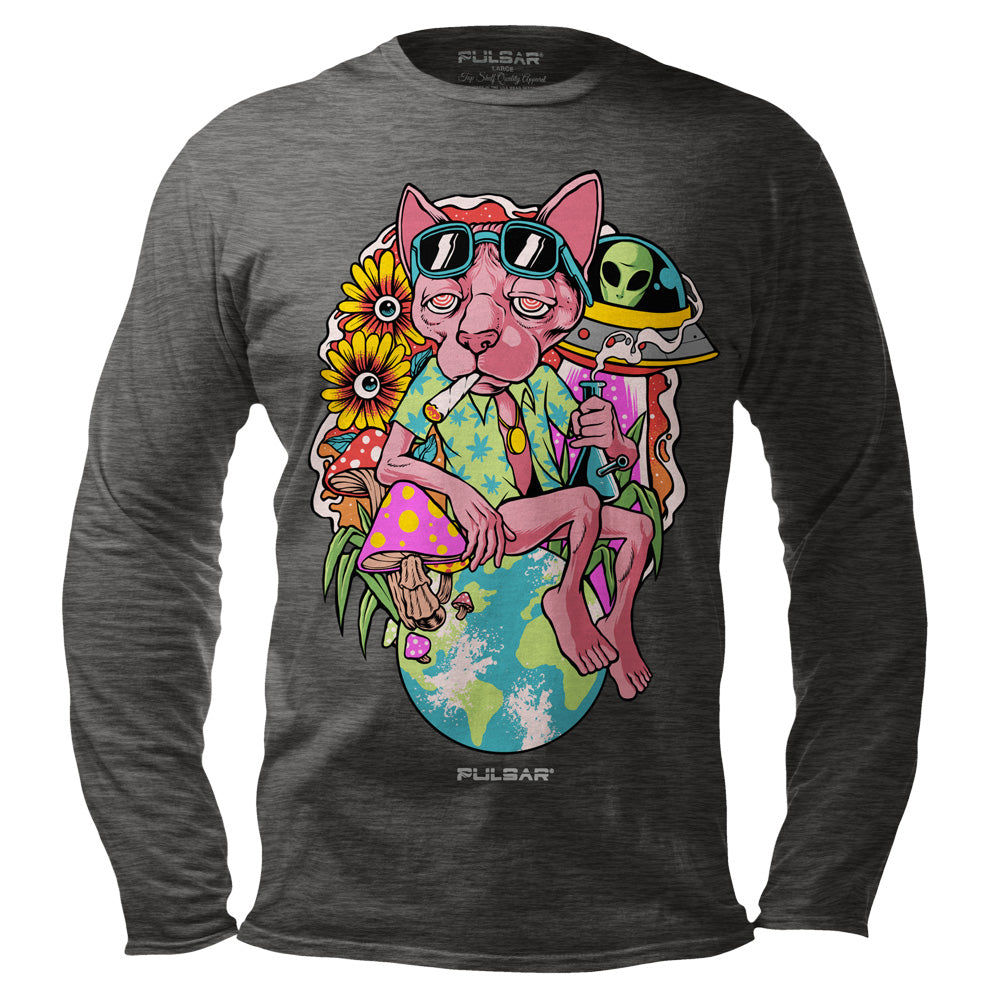 Pulsar Chill Cat Graphic Long Sleeve Shirt in Gray, Front View, Cotton, Available in Multiple Sizes