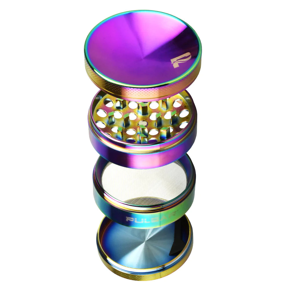 Pulsar Concave Rainbow Anodized Aluminum Grinder, 4-part design with kief catcher, front view