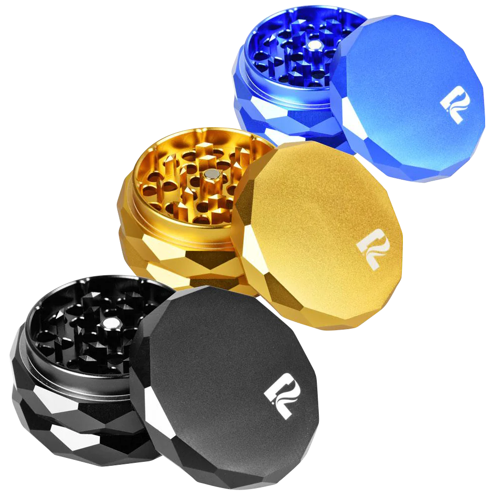 Pulsar Diamond Faceted Aluminum Grinders in Black, Blue, Gold - Compact and Portable