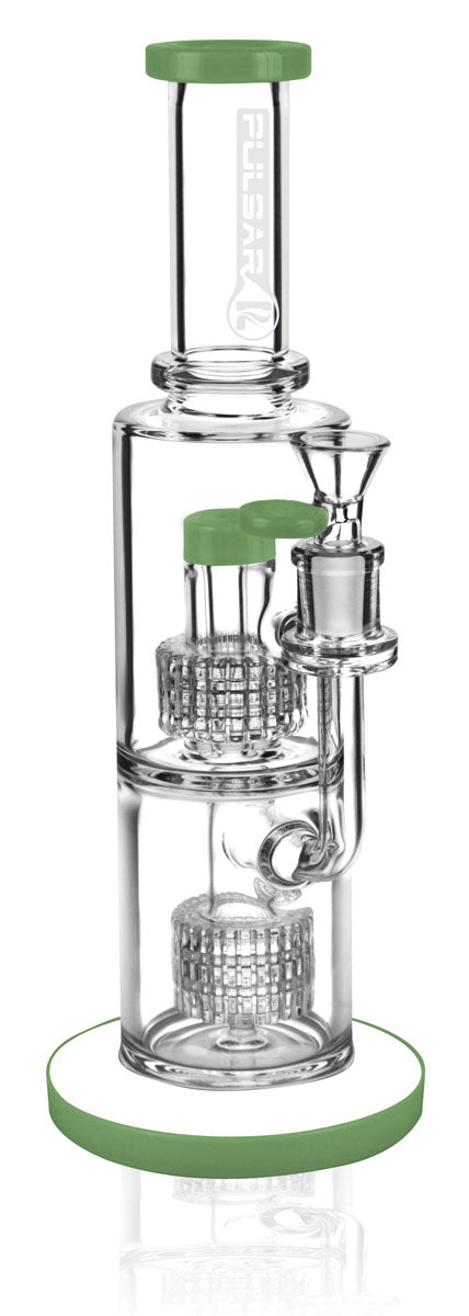 Pulsar Dual Matrix Water Pipe, 11.75" tall, 14mm female joint, Borosilicate Glass, front view on white background