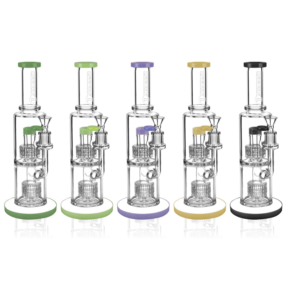 Pulsar Dual Matrix Water Pipes lineup featuring borosilicate glass, 14mm F joint, and various base colors