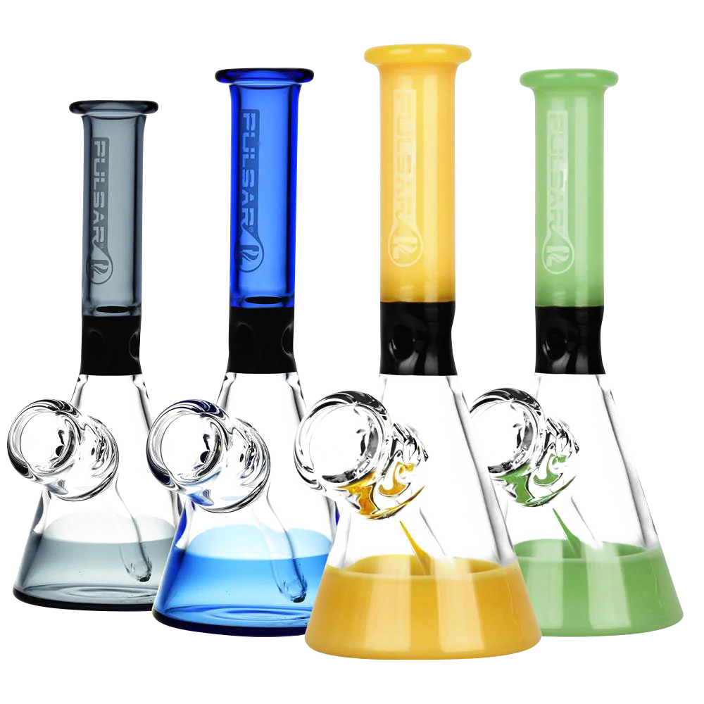 Pulsar Fixed Bowl Mini Beaker Bongs in assorted colors with borosilicate glass