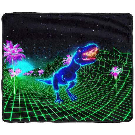 Pulsar 80's T-Rex Fleece Throw Blanket with vibrant neon graphics, size 60" x 50", laid flat