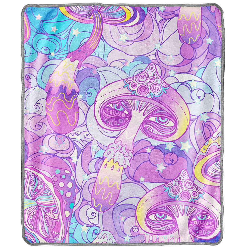 Pulsar Fleece Throw Blanket with vibrant melting mushrooms design, size 50" x 60", cozy polyester fabric
