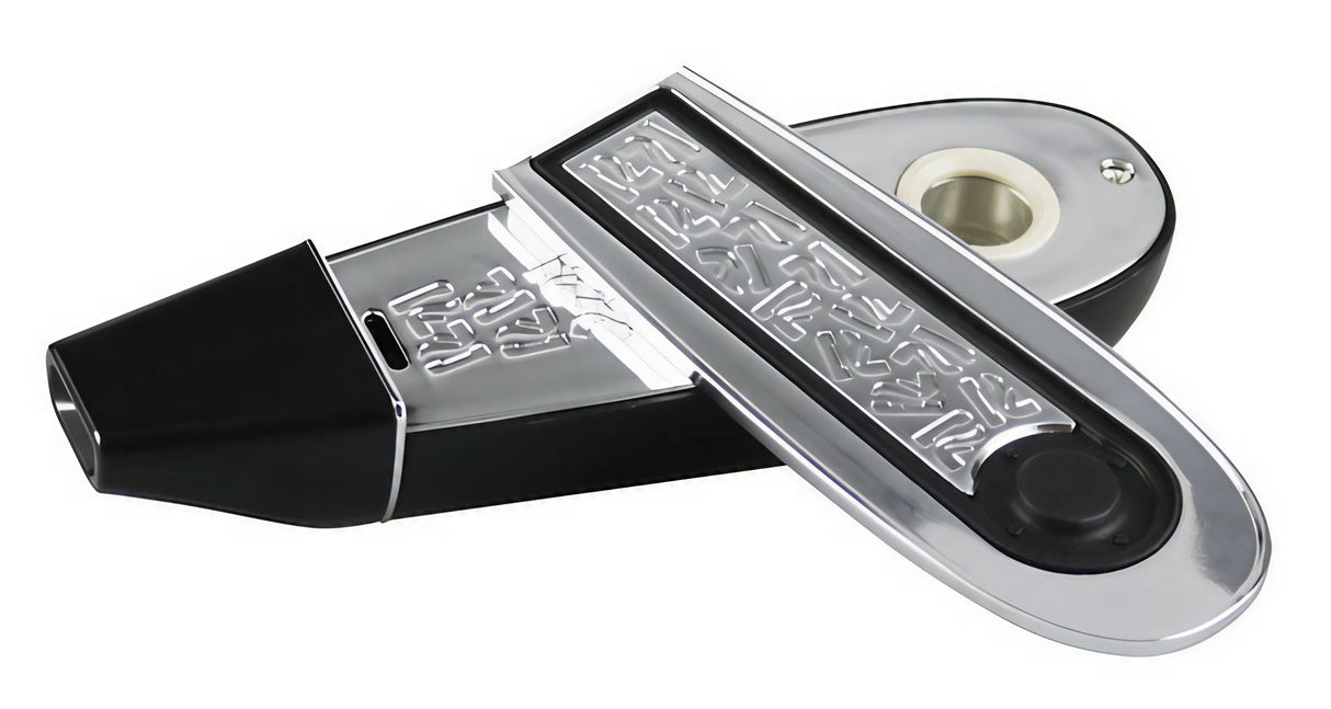 Pulsar Flow Vaporizer in black with embossed logo, angled view showing heating chamber