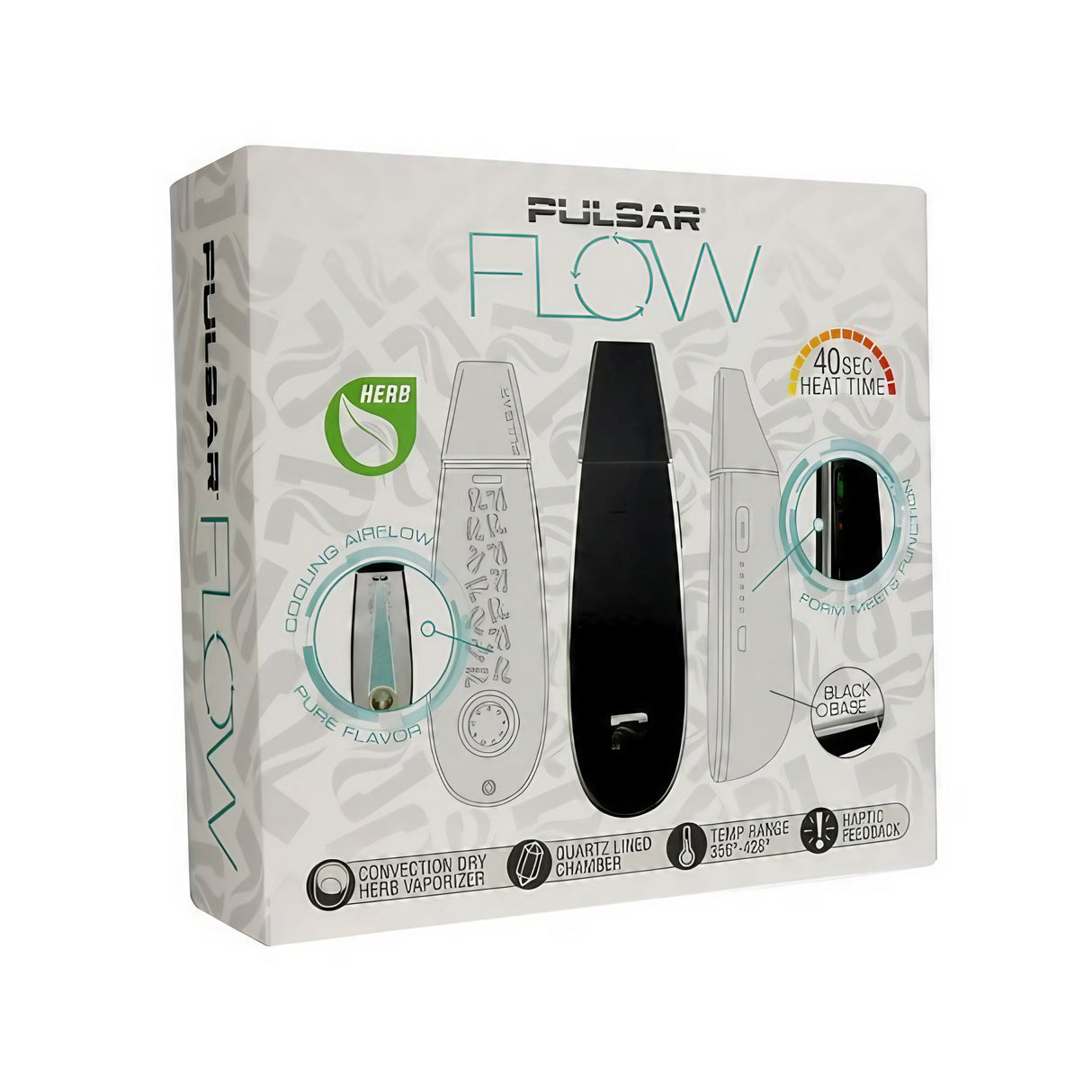 Pulsar Flow Vaporizer packaging front view highlighting quartz chamber and quick heat feature