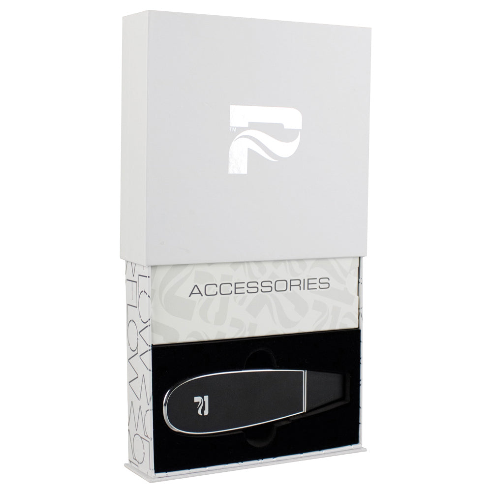 Pulsar Flow Vaporizer in packaging, sleek black design, front view, ideal for discreet use