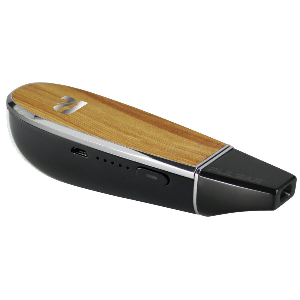 Pulsar Flow Vaporizer in Wood Grain, sleek portable design, side view on white background