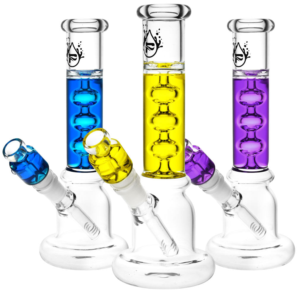 Pulsar Frost Bubbles Glycerin Water Pipes in blue, yellow, and purple, 9.75" tall, front view