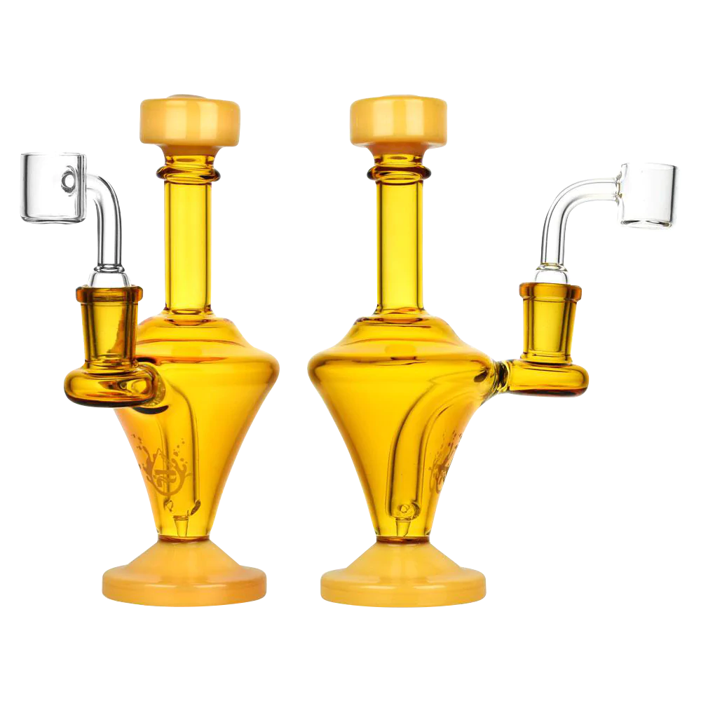 Pulsar Glass Finial Rig in yellow, 6.5" tall with 90-degree joint, front view on white background