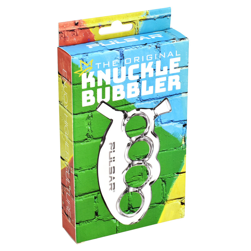 Pulsar Glass Knuckle Bubbler in packaging, borosilicate glass with colorful design