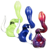 Assortment of Pulsar Glass Twisted Standup Hand Pipes in various colors with a compact design