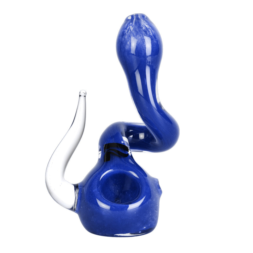 Pulsar Glass Twisted Standup Hand Pipe in blue, compact 4" design, for dry herbs, front view