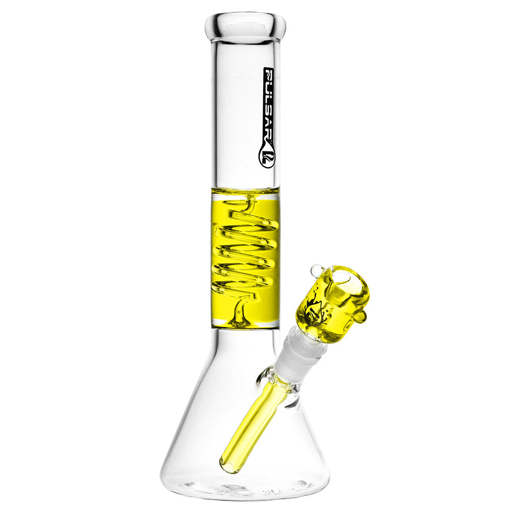 Pulsar Glycerin Coil Beaker Water Pipe with yellow accents, 11.5" tall, for dry herbs