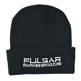 Pulsar Hemp Crown Beanie Cap in Black, featuring the Pulsar logo, one size fits all, front view.