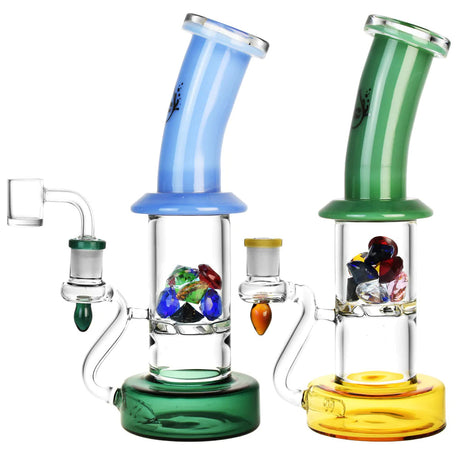 Pulsar Hidden Gems Dab Rigs in blue, green, and yellow with quartz bangers, front view