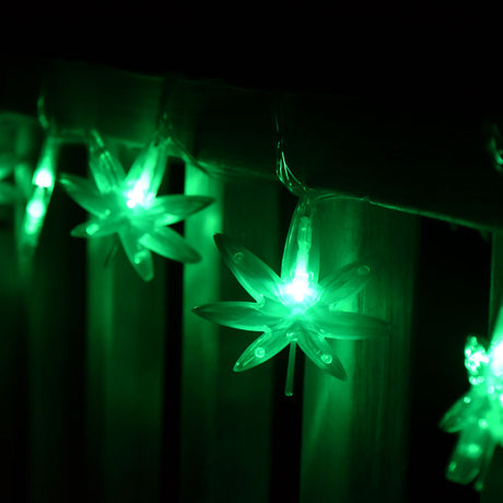 Pulsar High Lights Hemp Leaf LED String Lights, 12ft, Glowing Green on Dark Background