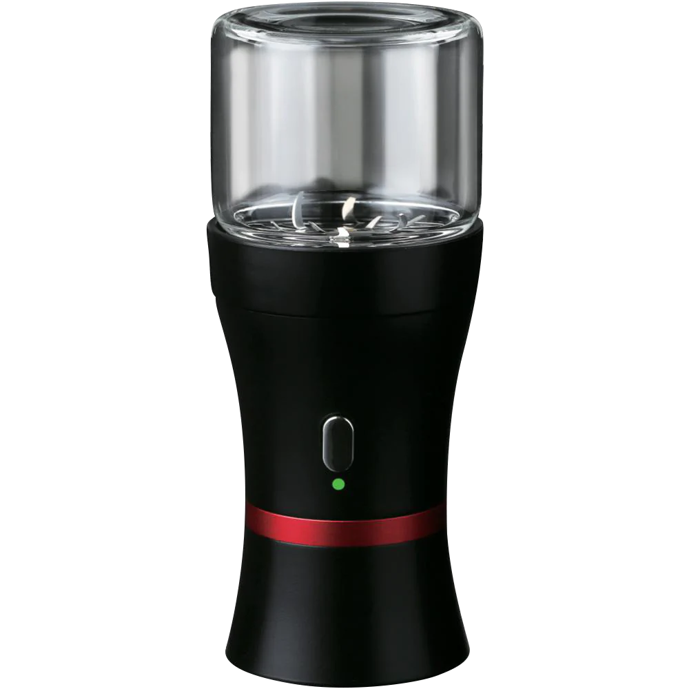 Pulsar King Kut Electric Grinder in black with clear top, front view, battery-powered