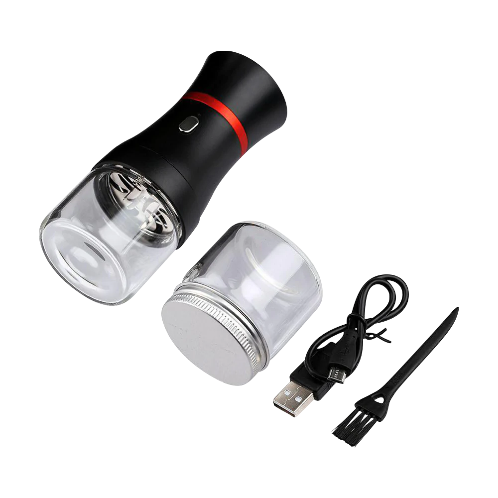 Pulsar King Kut Electric Grinder with USB cable and cleaning brush on white background