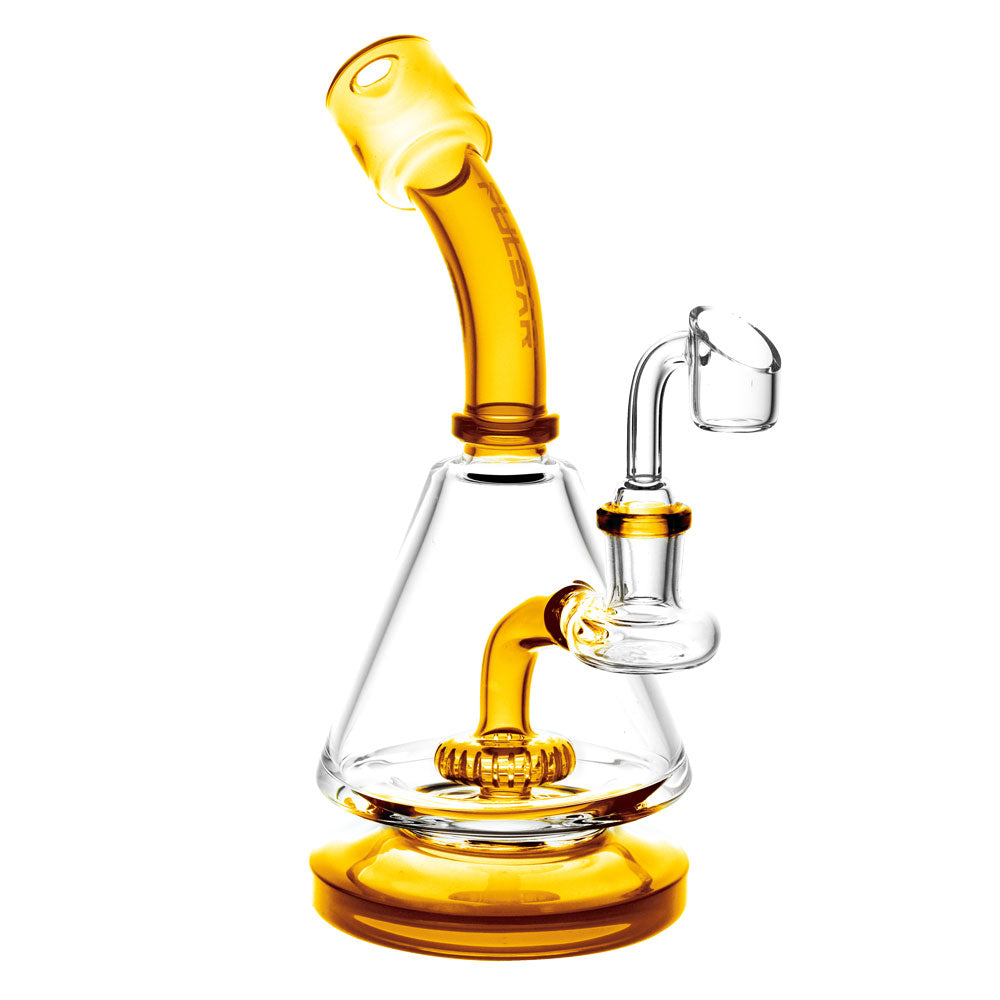 Pulsar Lab Flask Rig with Quartz Banger, 8" 14mm Female in Assorted Colors, Angled Side View