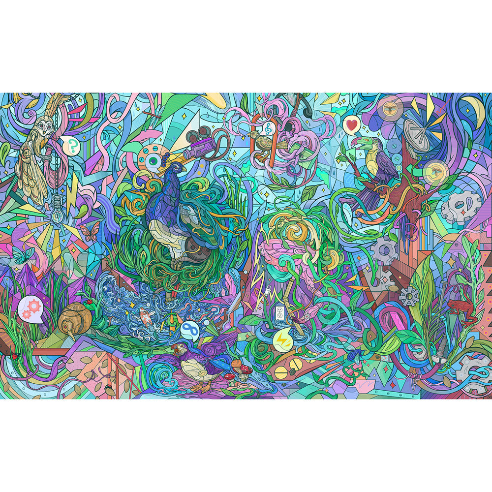Pulsar Mechanical Birdhouse Tapestry, 55" x 83", vibrant cotton wall decor with intricate design