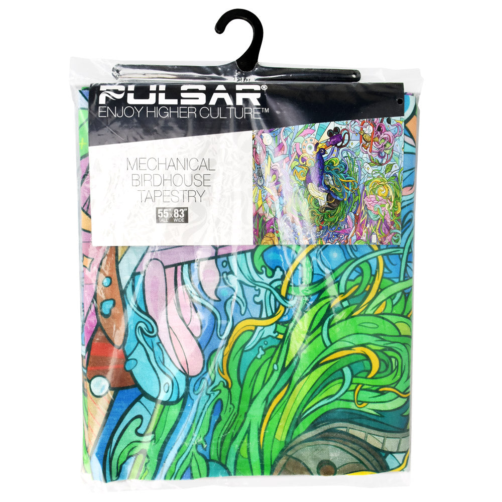 Pulsar Mechanical Birdhouse Tapestry in packaging, vibrant design, 55" x 83", perfect for home decor