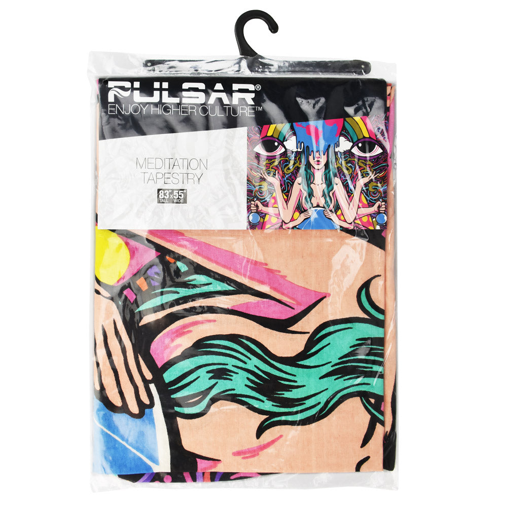 Pulsar Meditation Tapestry, 83" x 55", packaged view with vibrant abstract design
