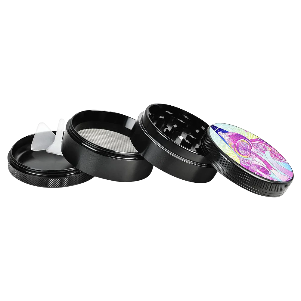 Pulsar Metal Grinder with Melting Shrooms design, 2.5" diameter, 4-part, side view